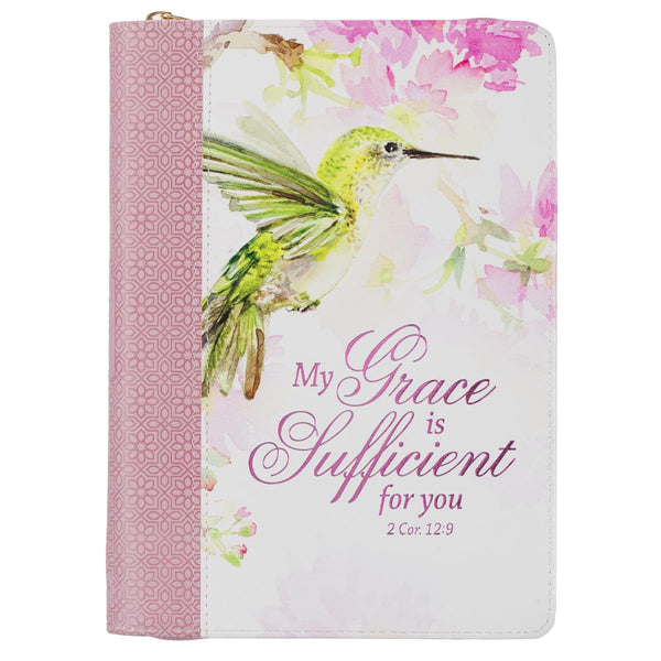 Christian Art Gifts Pink Vegan Leather Zipped Journal, Inspirational Women’s Notebook My Grace Scripture, Flexible Cover, 336 Ruled Pages, Ribbon Bookmark, 2 Cor. 12:9 Bible Verse
