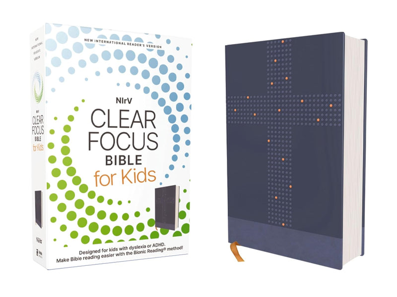 NIrV, Clear Focus Bible for Kids (Help Kids with ADHD or Dyslexia Read with Confidence), Leathersoft, Blue Leather Bound