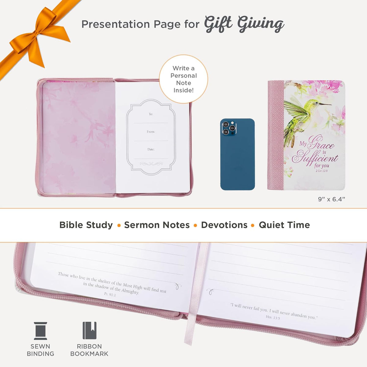 Christian Art Gifts Pink Vegan Leather Zipped Journal, Inspirational Women’s Notebook My Grace Scripture, Flexible Cover, 336 Ruled Pages, Ribbon Bookmark, 2 Cor. 12:9 Bible Verse