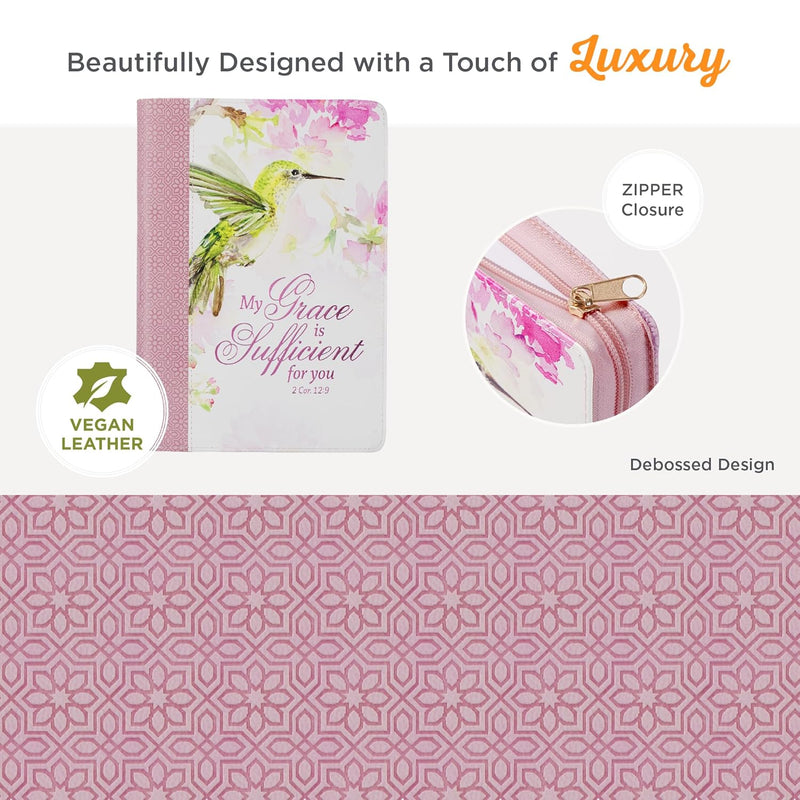 Christian Art Gifts Pink Vegan Leather Zipped Journal, Inspirational Women’s Notebook My Grace Scripture, Flexible Cover, 336 Ruled Pages, Ribbon Bookmark, 2 Cor. 12:9 Bible Verse