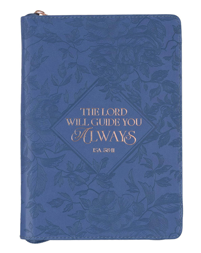 Christian Art Gifts Blue Vegan Leather Zipped Journal, Inspirational Women’s Notebook The Lord Will Guide Scripture, Flexible Cover, 336 Ruled Pages, Ribbon Bookmark, Isa. 58:11 Bible Verse