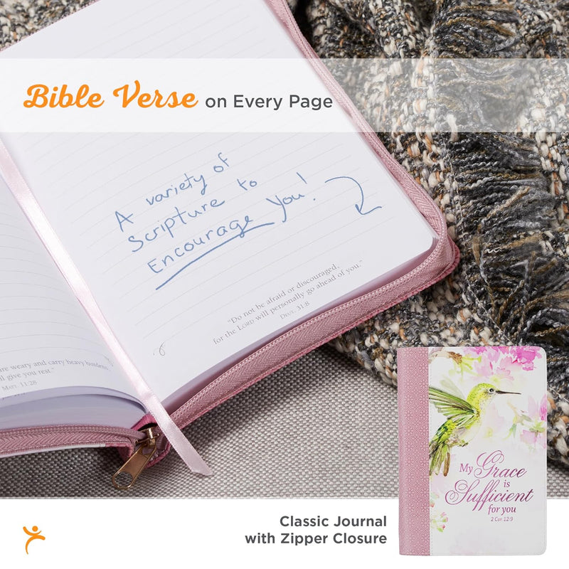 Christian Art Gifts Pink Vegan Leather Zipped Journal, Inspirational Women’s Notebook My Grace Scripture, Flexible Cover, 336 Ruled Pages, Ribbon Bookmark, 2 Cor. 12:9 Bible Verse